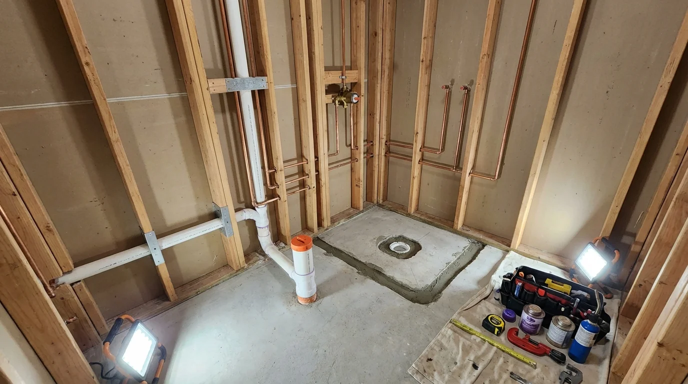 Bathroom rough-in plumbing during remodel by Johns Plumbing LLC in Dalzell