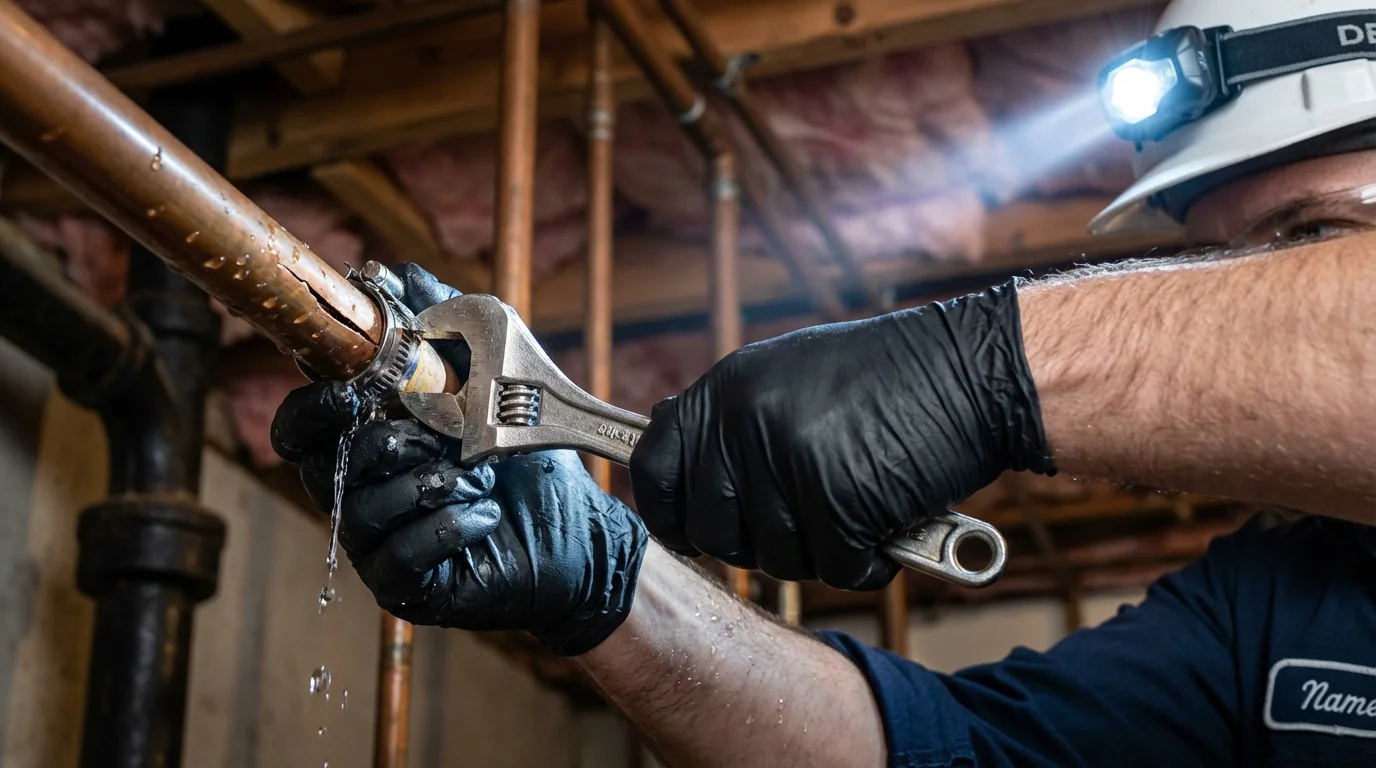 Emergency pipe clamp repair being performed by a Johns Plumbing LLC plumber in Dalzell