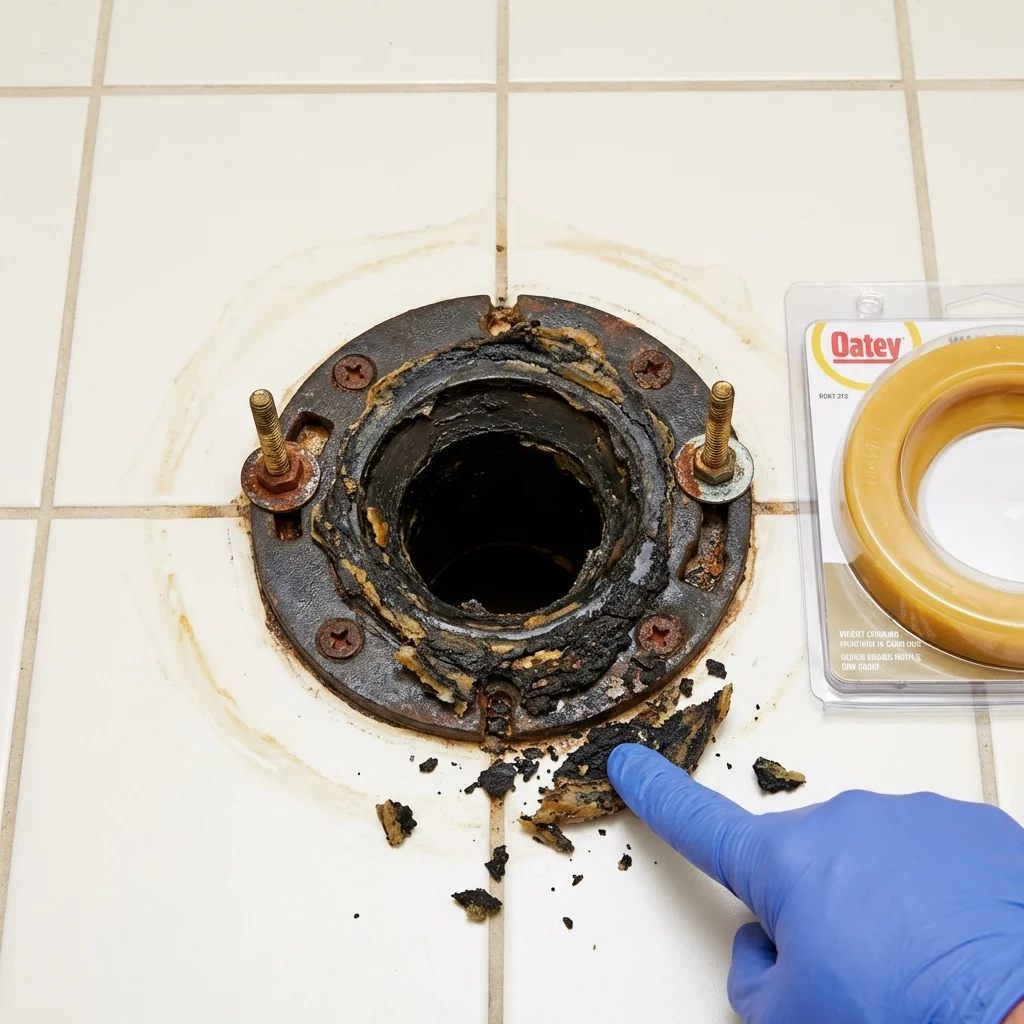 Failed wax ring showing water seepage at the base of a toilet in a Dalzell, SC home